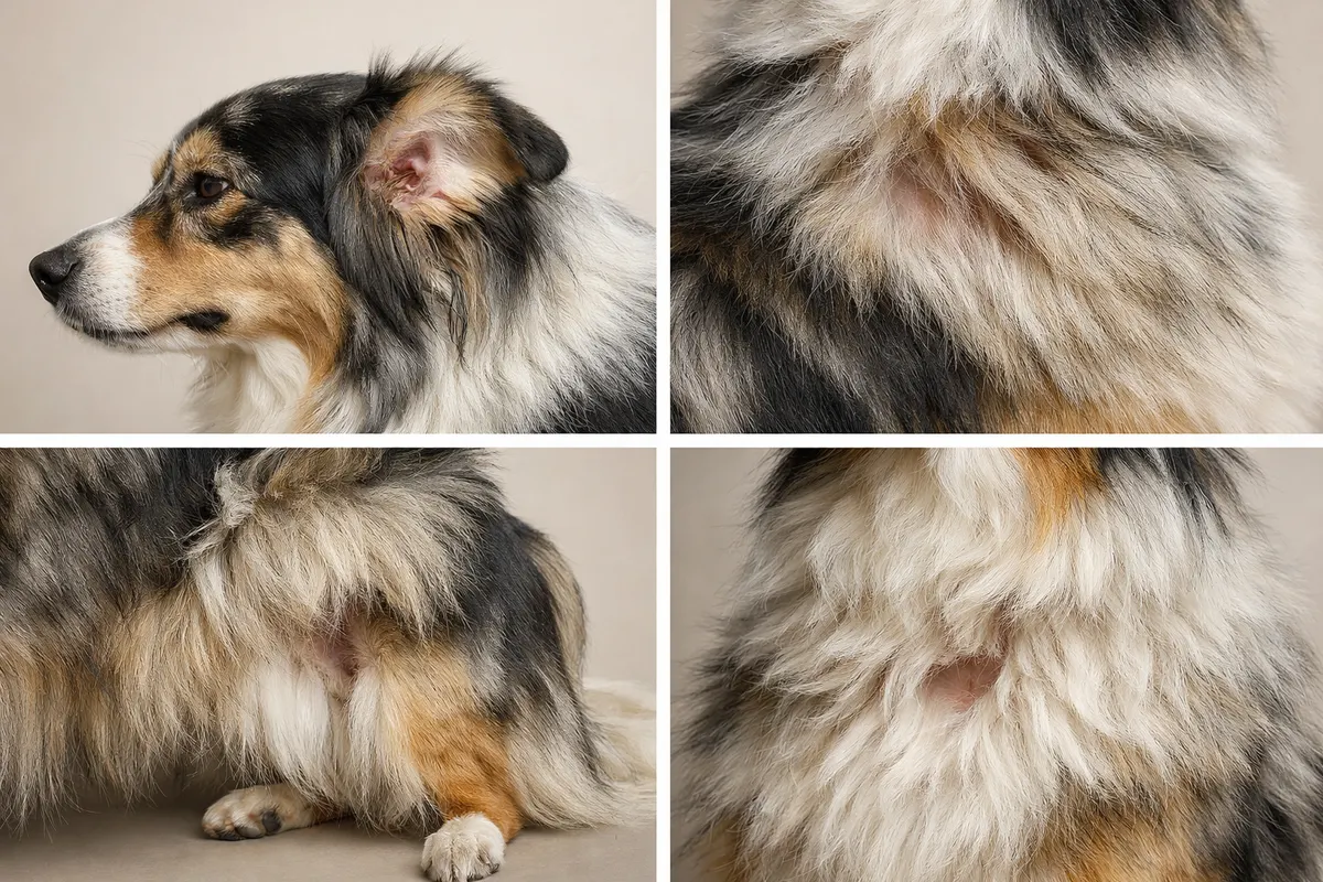 AI-generated collage of a long-haired dog and close views of its coat.