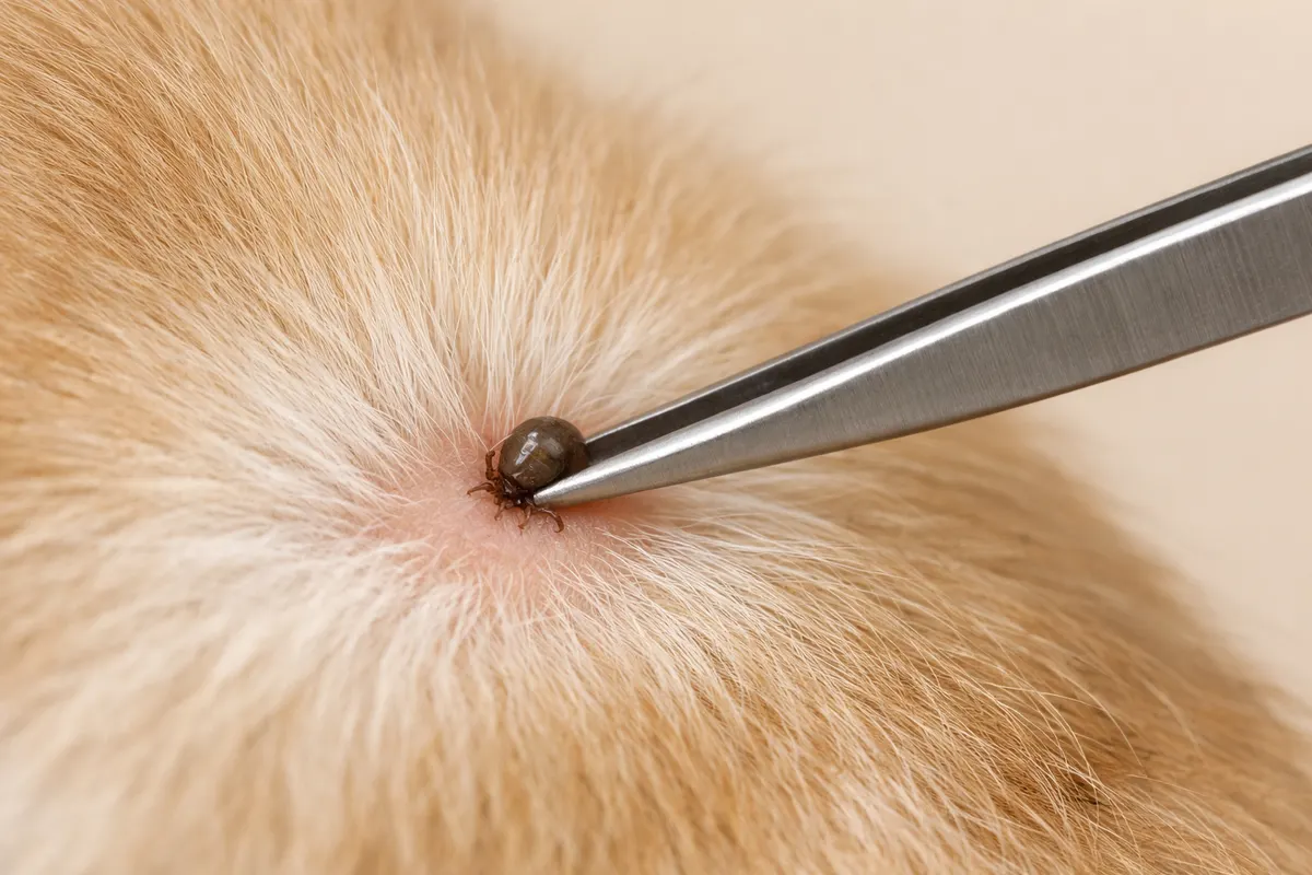 Illustration of fine-tipped tweezers positioned near an attached tick at a dog’s skin.