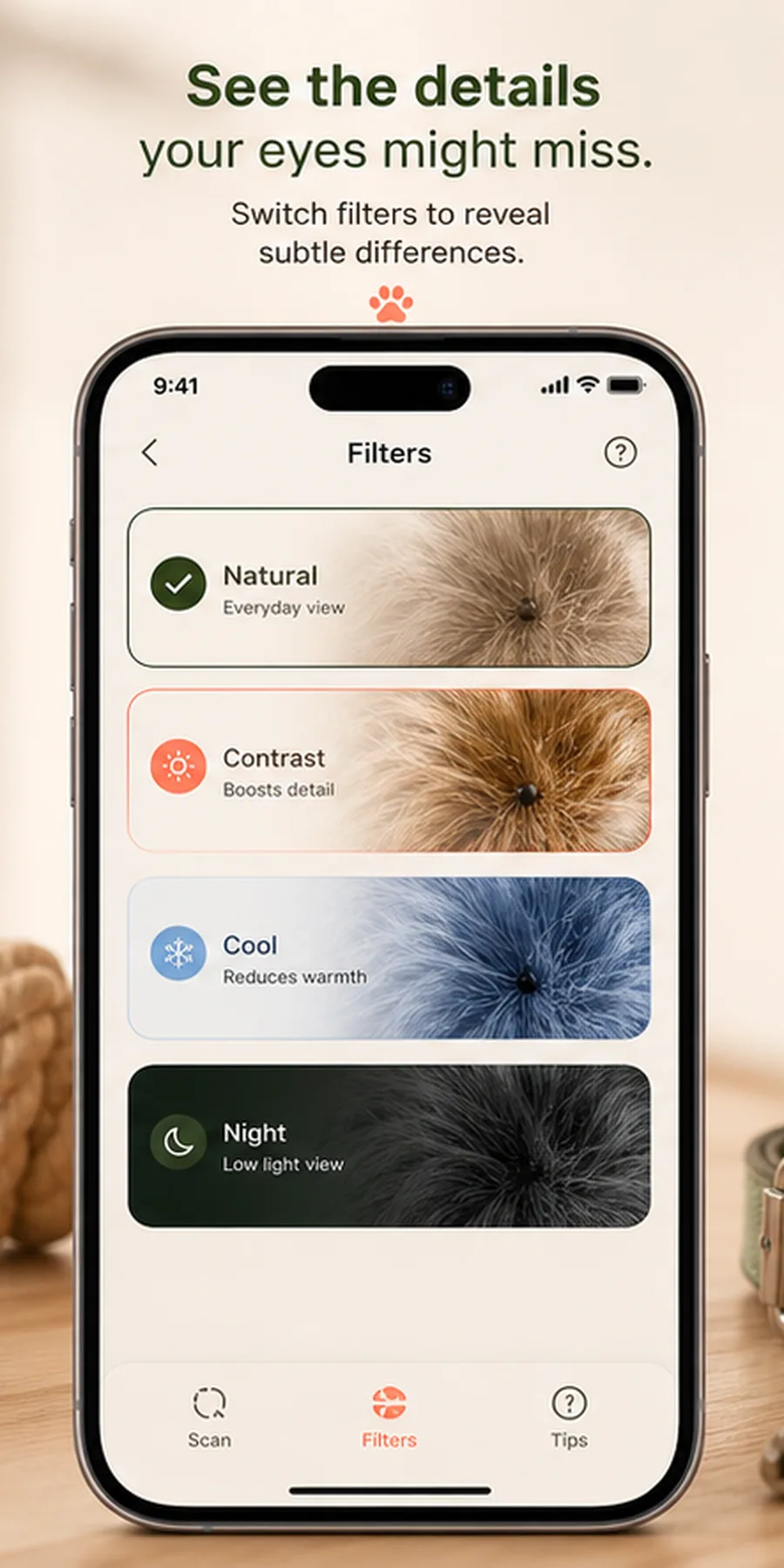 Switching camera filters for pet fur inspection